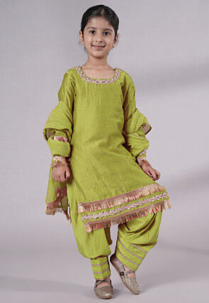 Embellished Chanderi Silk Punjabi Suit in Olive Green