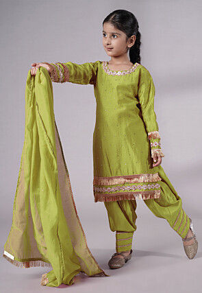 Embellished Chanderi Silk Punjabi Suit in Olive Green