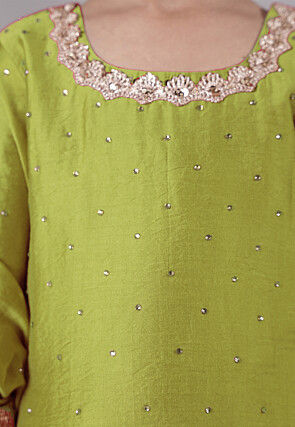 Embellished Chanderi Silk Punjabi Suit in Olive Green
