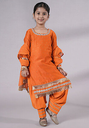 Embellished Chanderi Silk Punjabi Suit in Orange