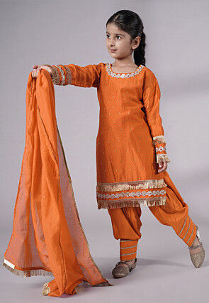 Embellished Chanderi Silk Punjabi Suit in Orange