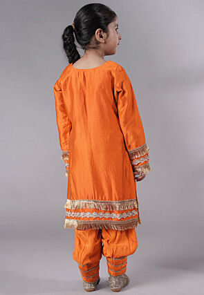 Embellished Chanderi Silk Punjabi Suit in Orange