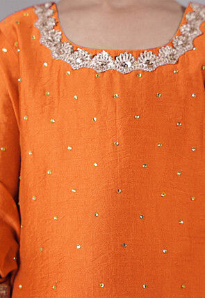 Embellished Chanderi Silk Punjabi Suit in Orange