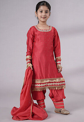 Embellished Chanderi Silk Punjabi Suit in Red