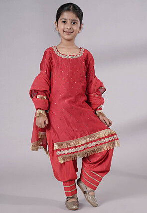 Embellished Chanderi Silk Punjabi Suit in Red