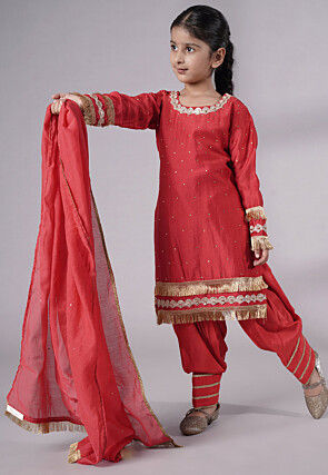 Embellished Chanderi Silk Punjabi Suit in Red