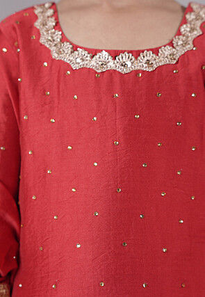 Embellished Chanderi Silk Punjabi Suit in Red