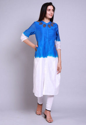 Embellished Chanderi Silk Straight Kurta Set in Blue and White