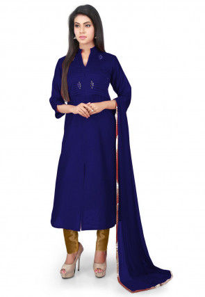 Embellished Chanderi Straight cut Suit in Navy Blue