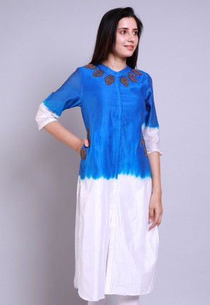 Embellished Chanderi Straight Kurta in Shaded Blue and White