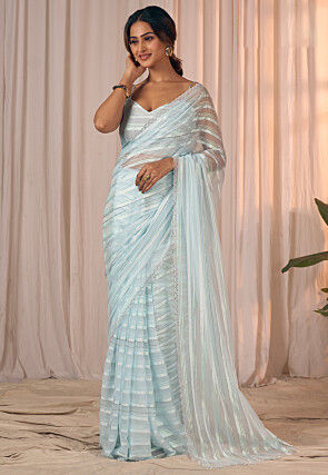 Embellished Chiffon Brasso Saree in Sky Blue