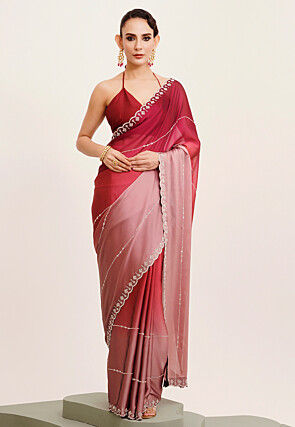 Embellished Chiffon Saree in Shaded Maroon and Old Rose