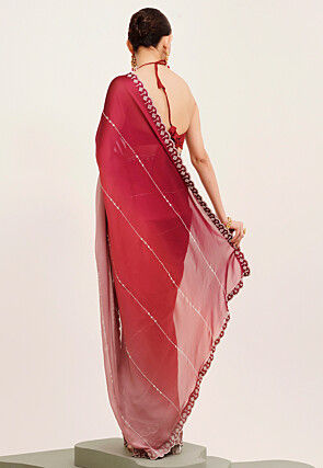 Embellished Chiffon Saree in Shaded Maroon and Old Rose