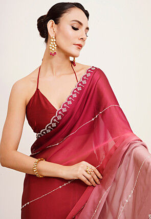 Embellished Chiffon Saree in Shaded Maroon and Old Rose