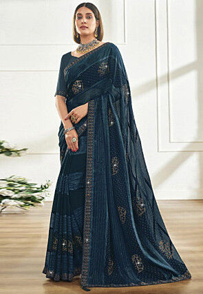 Embellished Chiffon Saree in Teal Blue