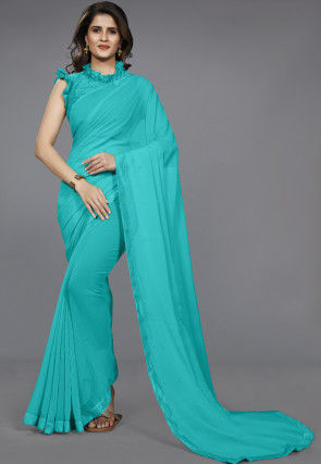 Embellished Chiffon Saree in Turquoise