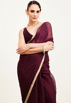 Embellished Chiffon Saree in Wine