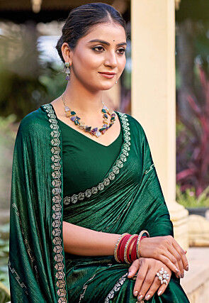Embellished Chiffon Shimmer Saree in Dark Green