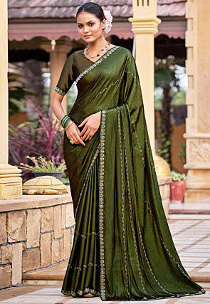 Embellished Chiffon Shimmer Saree in Olive Green