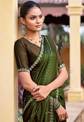 Embellished Chiffon Shimmer Saree in Olive Green
