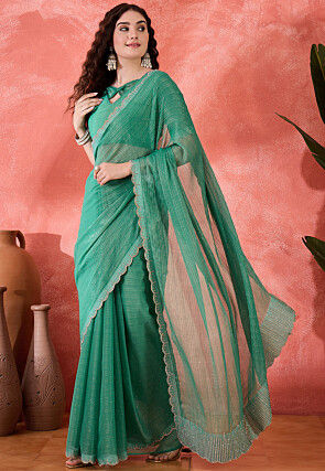Embellished Chiffon Silk Scalloped Saree in Teal Green