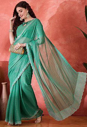 Embellished Chiffon Silk Scalloped Saree in Teal Green