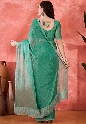 Embellished Chiffon Silk Scalloped Saree in Teal Green