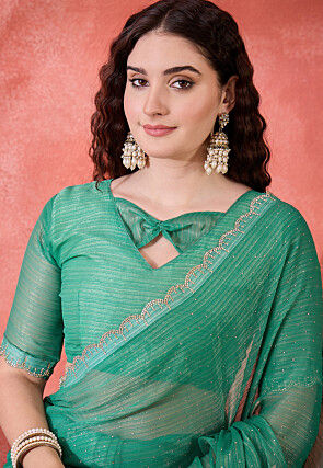 Embellished Chiffon Silk Scalloped Saree in Teal Green