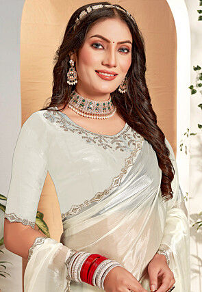 Embellished Chinon Chiffon Saree in Off White