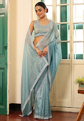 Embellished Chinon Chiffon Saree in Sky Blue
