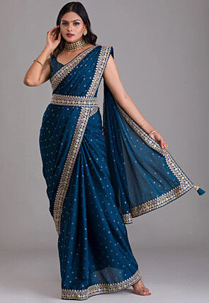 Embellished Chinon Chiffon Saree in Teal Blue