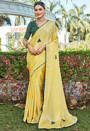 Embellished Chinon Chiffon Saree in Yellow
