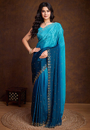 Embellished Chinon Chiffon Scalloped Saree in Blue Ombre
