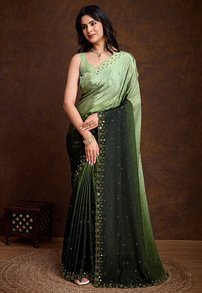 Embellished Chinon Chiffon Scalloped Saree in Green Ombre