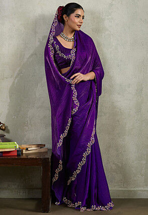Embellished Chinon Chiffon Scalloped Saree in Purple