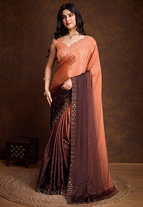Embellished Chinon Chiffon Scalloped Saree in Shaded Peach and Brown
