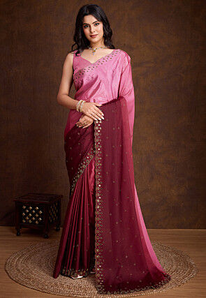 Embellished Chinon Chiffon Scalloped Saree in Pink and Maroon
