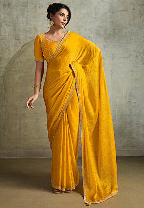 Embellished Chinon Chiffon Shimmer Saree in Mustard