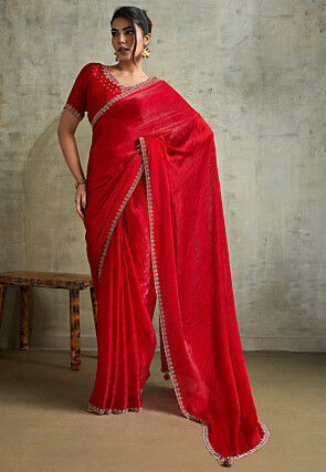 Embellished Chinon Chiffon Shimmer Saree in Red