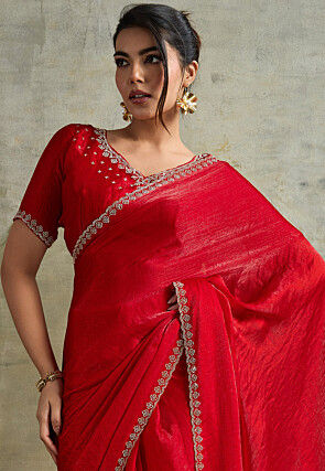 Embellished Chinon Chiffon Shimmer Saree in Red