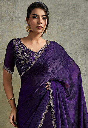 Embellished Chinon Chiffon Shimmer Scalloped Saree in Purple