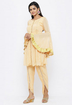 Embellished Chinon Crepe A Line Kurti Set in Peach