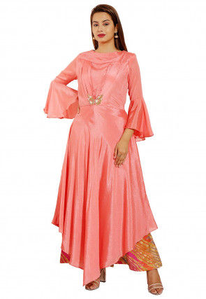 Embellished Chinon Crepe Asymmetric Dress in Peach