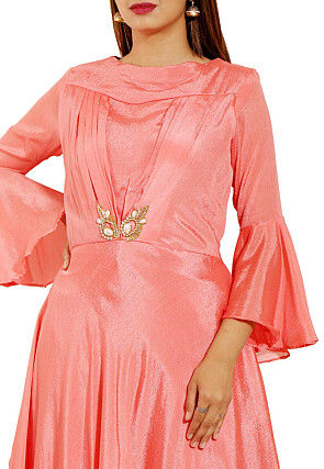 Embellished Chinon Crepe Asymmetric Dress in Peach
