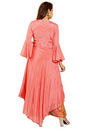Embellished Chinon Crepe Asymmetric Dress in Peach