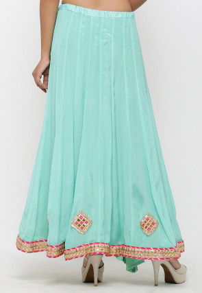 Embellished Chinon Crepe Long Skirt in Sea Green