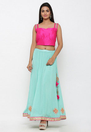 Embellished Chinon Crepe Long Skirt in Sea Green