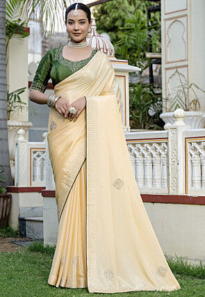 Embellished Chinon Silk Saree in Light Yellow
