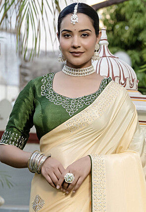 Embellished Chinon Silk Saree in Light Yellow