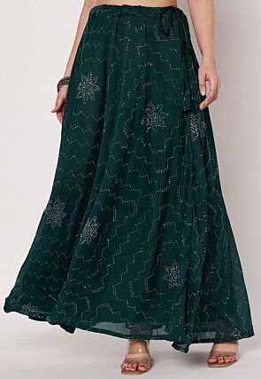 Embellished Chinon Silk Skirt in Dark Teal Green